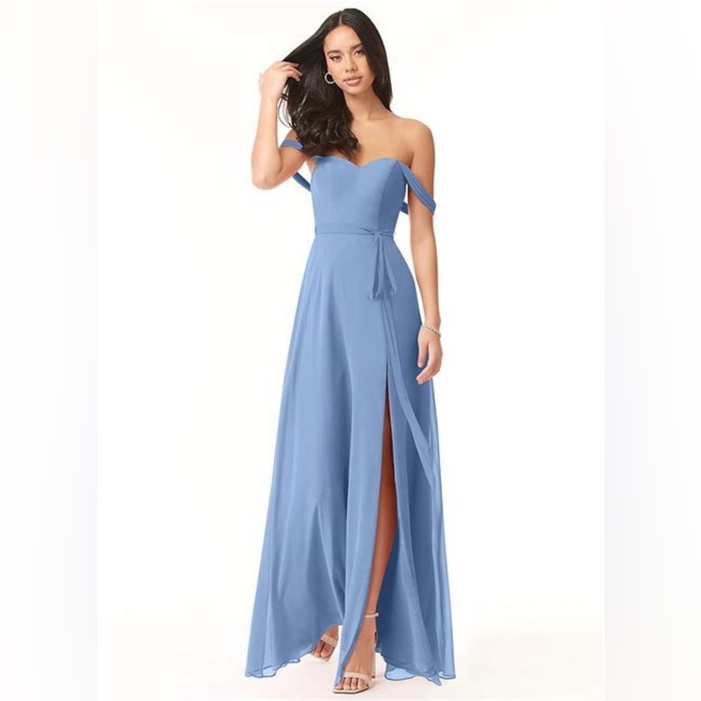 NWT Azazie Aaron steel blue off shoulder dress, A line